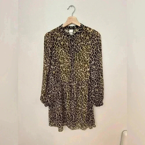 H&M Animal Print Sheer Chiffon Ballon sleeve Flowy button Down mini Dress S/M - Picture 5 of 9
